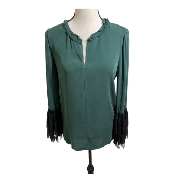 Kobi Halperin silk blouse pine color long sleeve with lace at cuffs size small - Picture 1 of 11